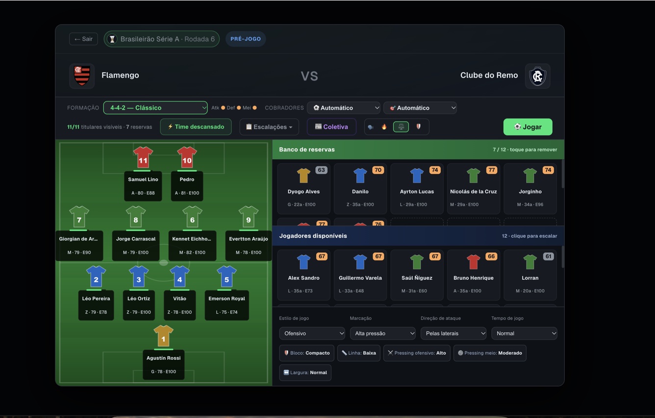 Pré-jogo do FootBoss mostrando formação, titulares, banco e resumo das instruções com bola e sem bola